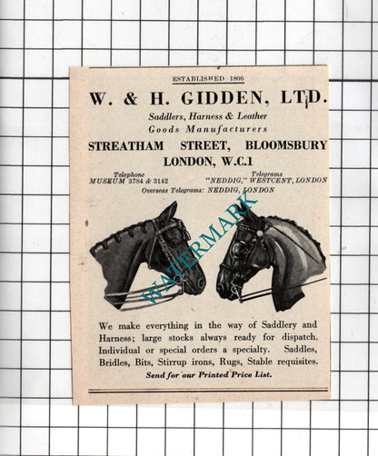 W&H Gidden Ltd Saddlers London / Failsworth Hat ADVERT- 1949 Small Advert