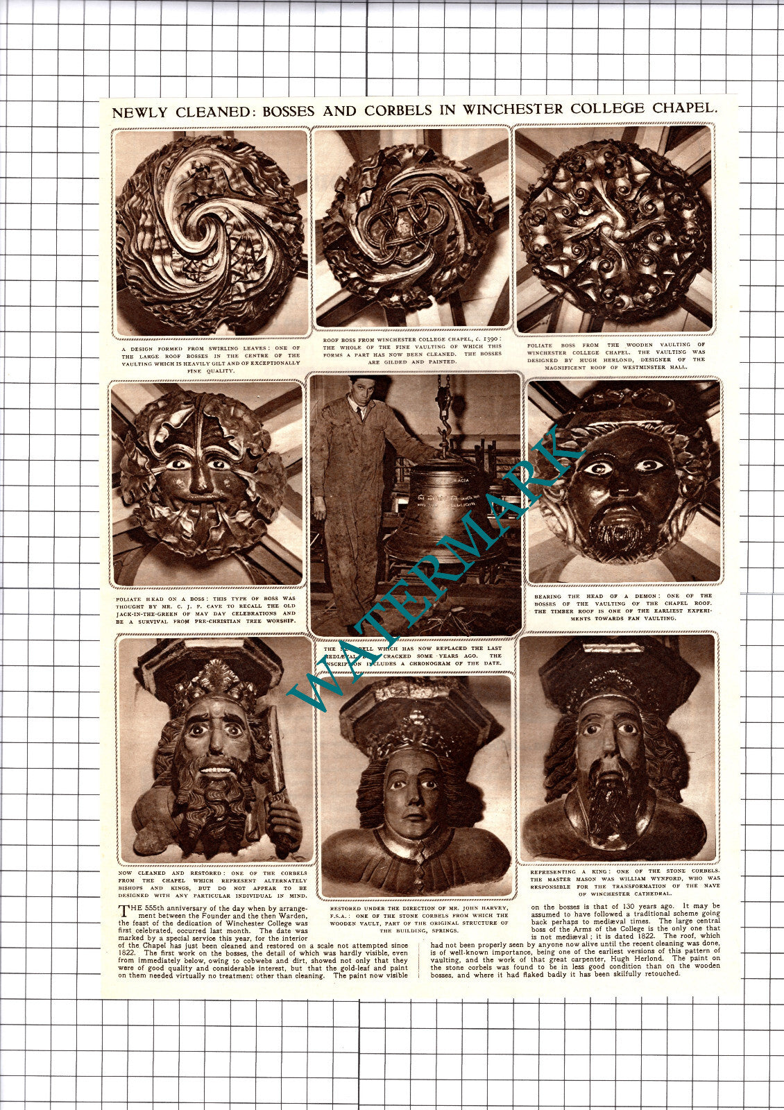Winchester College Chapel Boss Corbel Cleaning - 1952 Cutting / Print