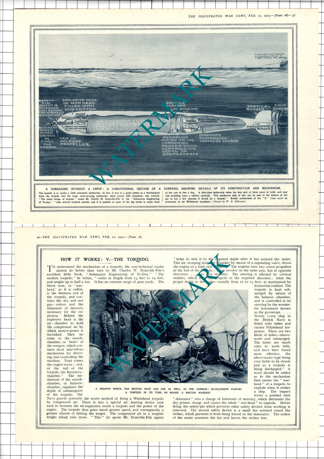 How The Torpedo Works Diagram  Great War WW1  -1915 Two-Part Clipping