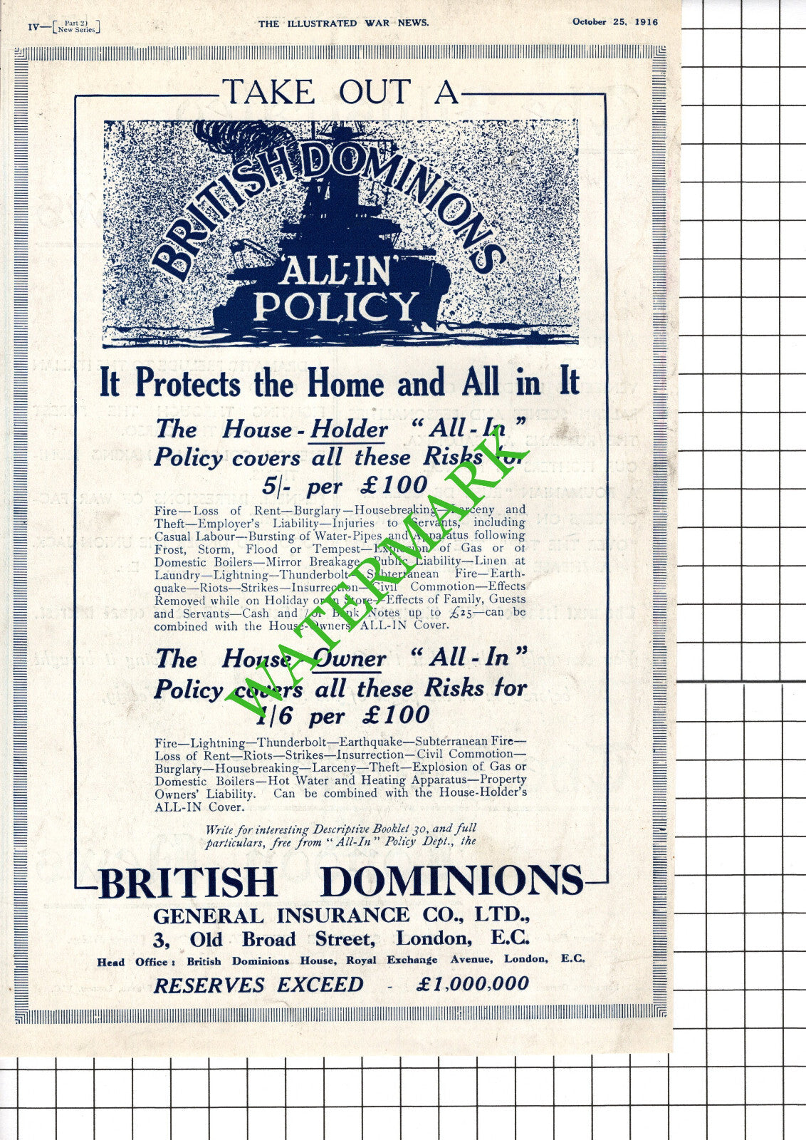 British Dominions Insurance Company London Advert - 1916 Cutting / Print
