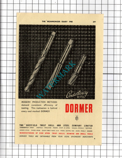 Dormer Tools / Stacey's Abrasive Wheels Ltd Sheffield  - 1948 Advert