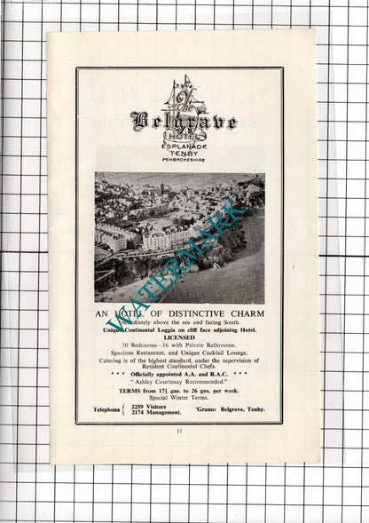 St Mary's Hill Guest House Tenby Duffy / Belgrave Hotel Tenby  - 1962 ADVERT