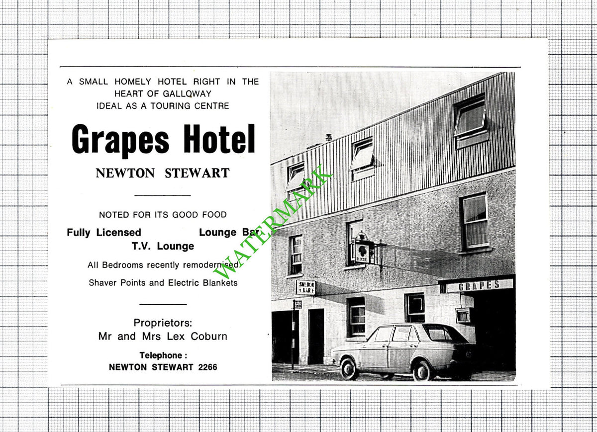 Grapes Hotel Newton Stewart Galloway Lex Coburn Small Advert  -c.1975 Cutting