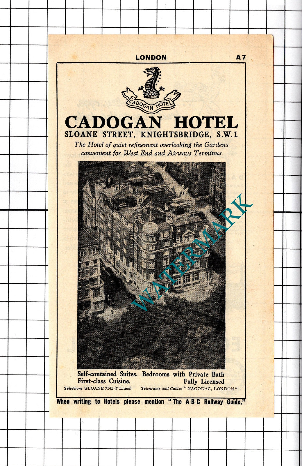 Eccleston Hotel Victoria London / Cadogan Hotel London Advert - 1958 Cutting