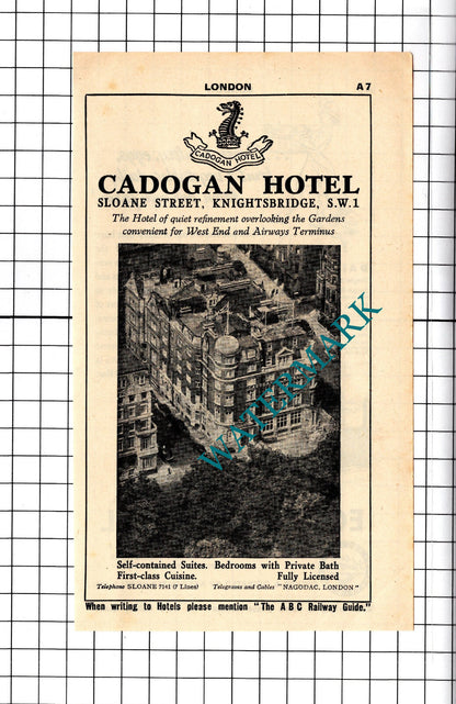 Eccleston Hotel Victoria London / Cadogan Hotel London Advert - 1958 Cutting