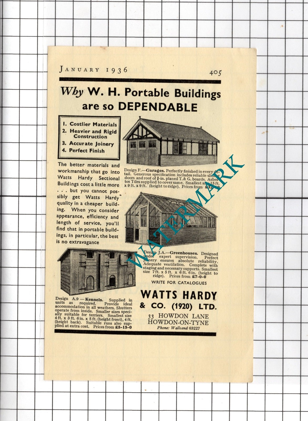 Watts Hardy & Co Ltd Howdon-on-Tyne / G F Strawson Horley Surrey - 1936 Advert