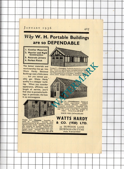 Watts Hardy & Co Ltd Howdon-on-Tyne / G F Strawson Horley Surrey - 1936 Advert