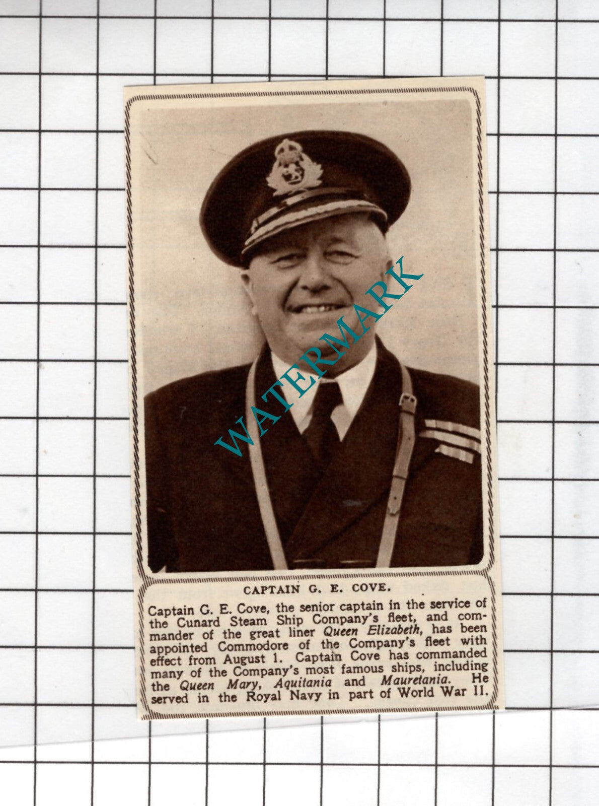 Captain G E Cove Queen Elizabeth Ship Cunard Steam Ship Co - 1950 Small Cutting