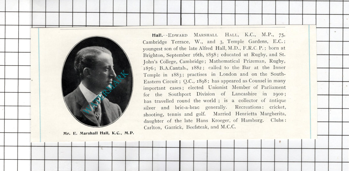 Edward Marshall Hall Brighton / Henry Andrade Harben Hounslow  -  1905 Clipping