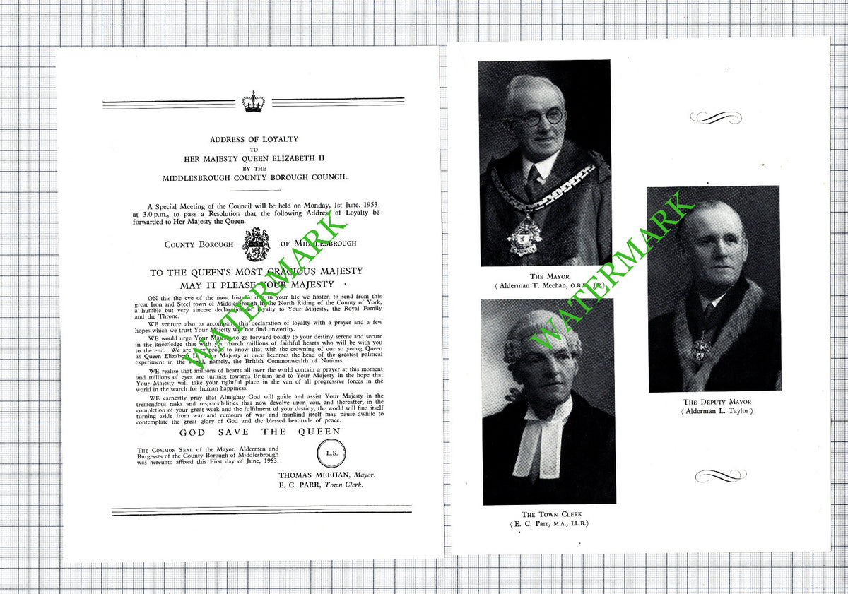 Thomas Meehan Mayor Middlesbrough EC Parr L Taylor - 1953 Two-Part Cutting