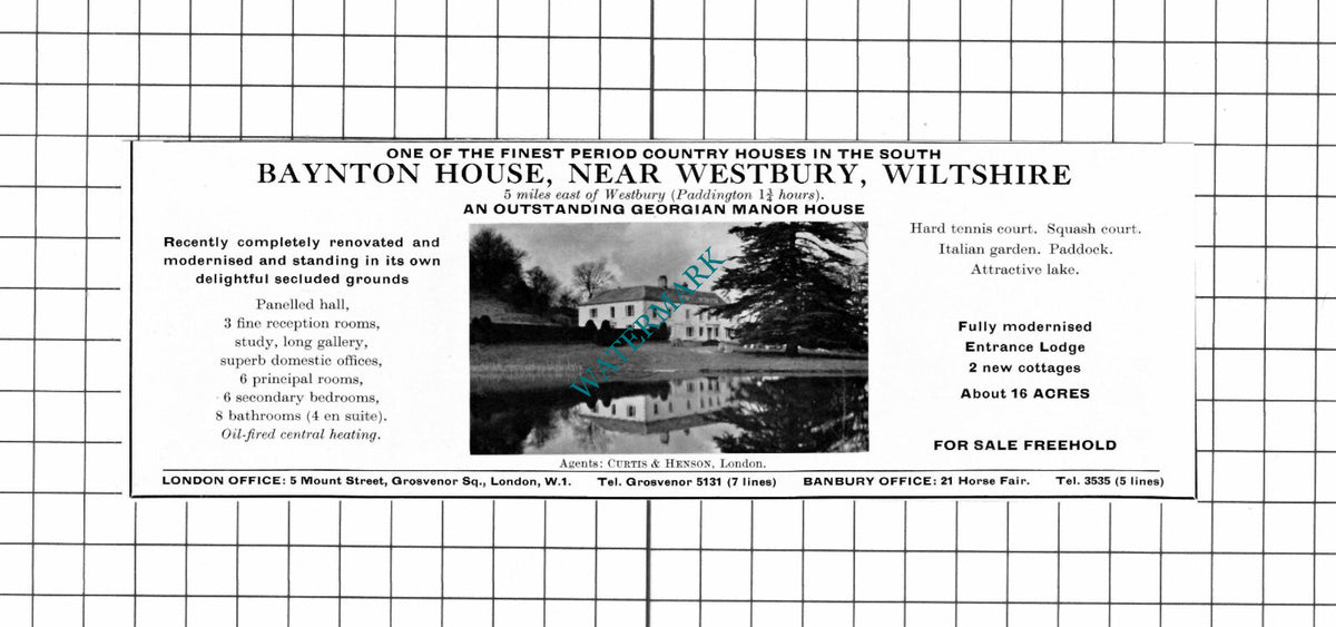 Baynton House Westbury Wiltshire House Sale Advert - 1967 Clipping