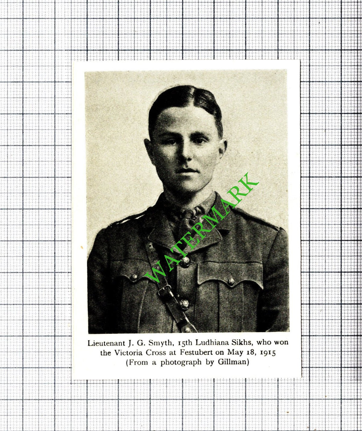 Lt J G Smyth 15th Ludhiana Sikhs Festubert WW1 Great War- c.1920 Small Cutting