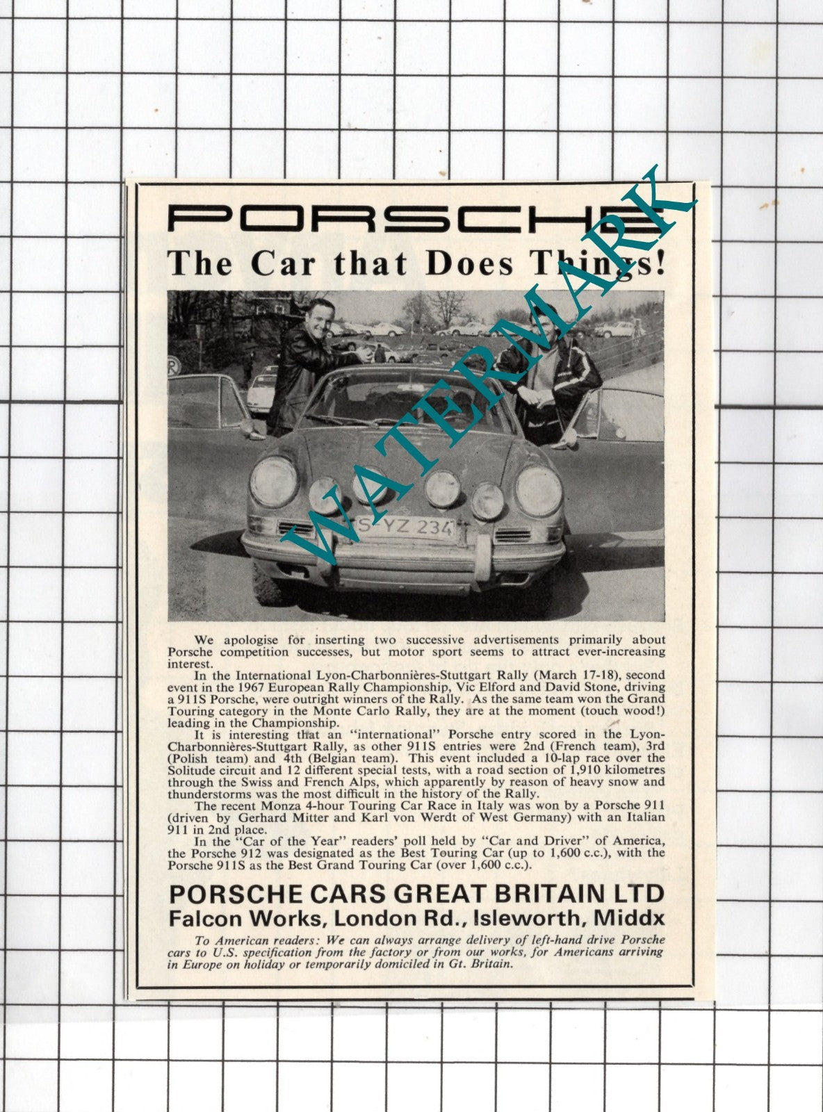 Porsche Cars Great Britain Ltd Falcon Works Isleworth Small Advert - 1967