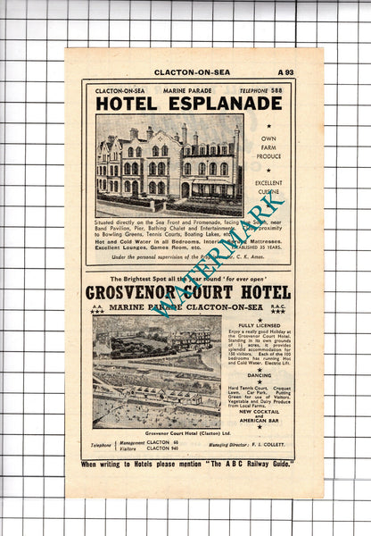 Butlin's Hotel Cliftonville Kent / Hotel Esplanade Clacton Advert - 1958 Cutting