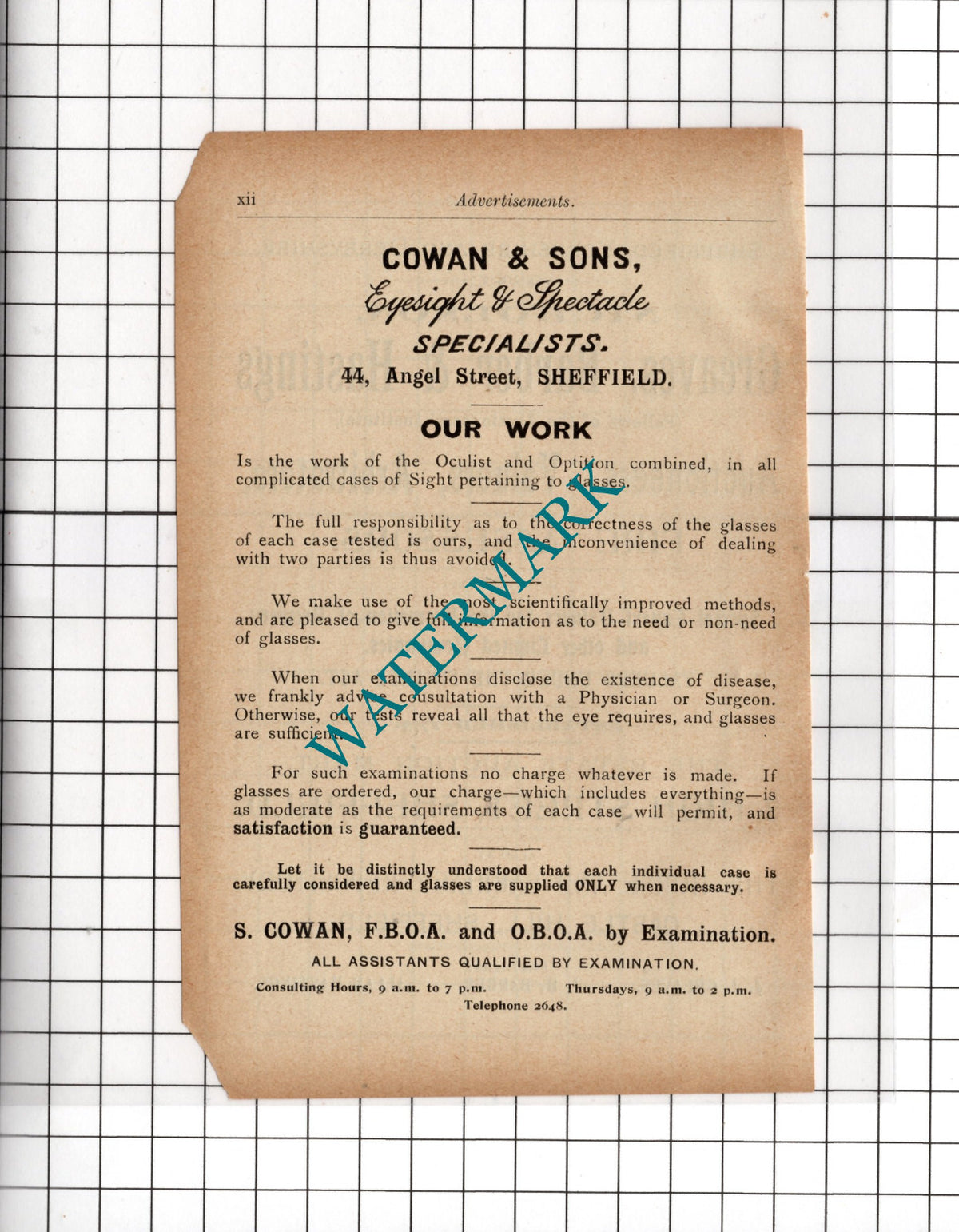 Nicholson Greaves Barber & Hastings Sheffield / Cowan & Sons c.1910 Small Advert