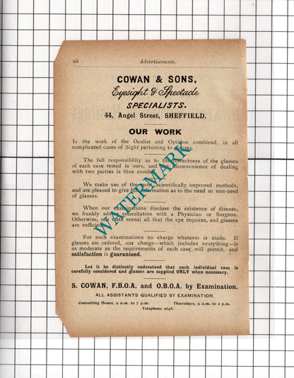 Nicholson Greaves Barber & Hastings Sheffield / Cowan & Sons c.1910 Small Advert