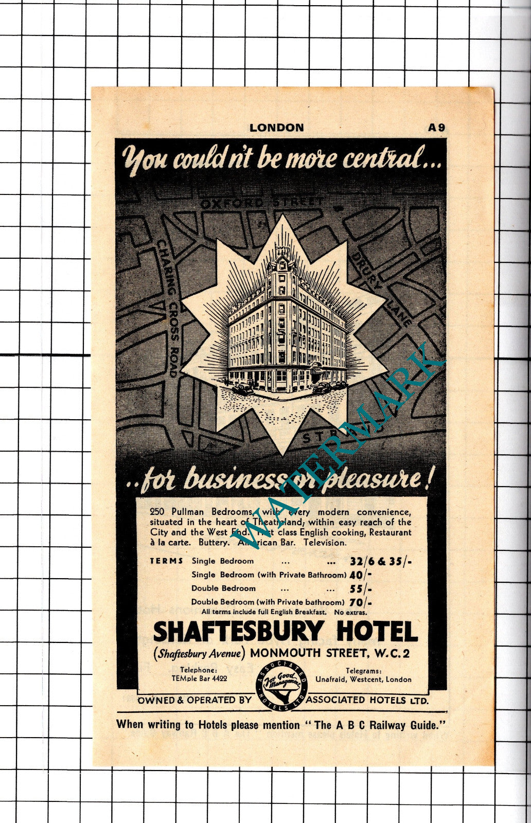 Shaftesbury Hotel London Advert - 1958 Cutting / Print