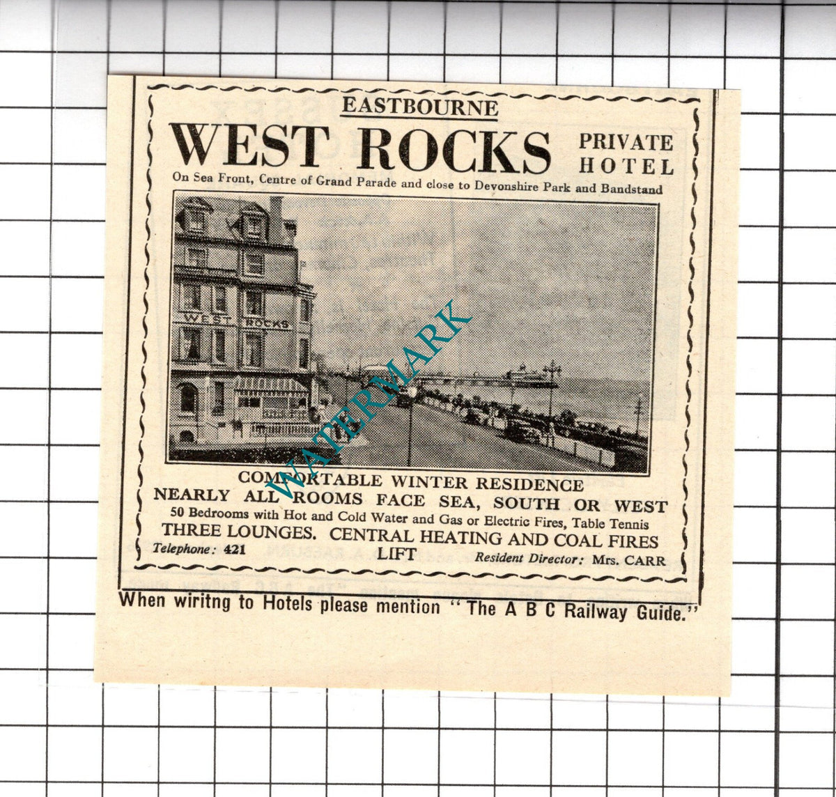 West Rocks Hotel Eastbourne Sussex  Mrs Carr Small Advert - 1958 Cutting