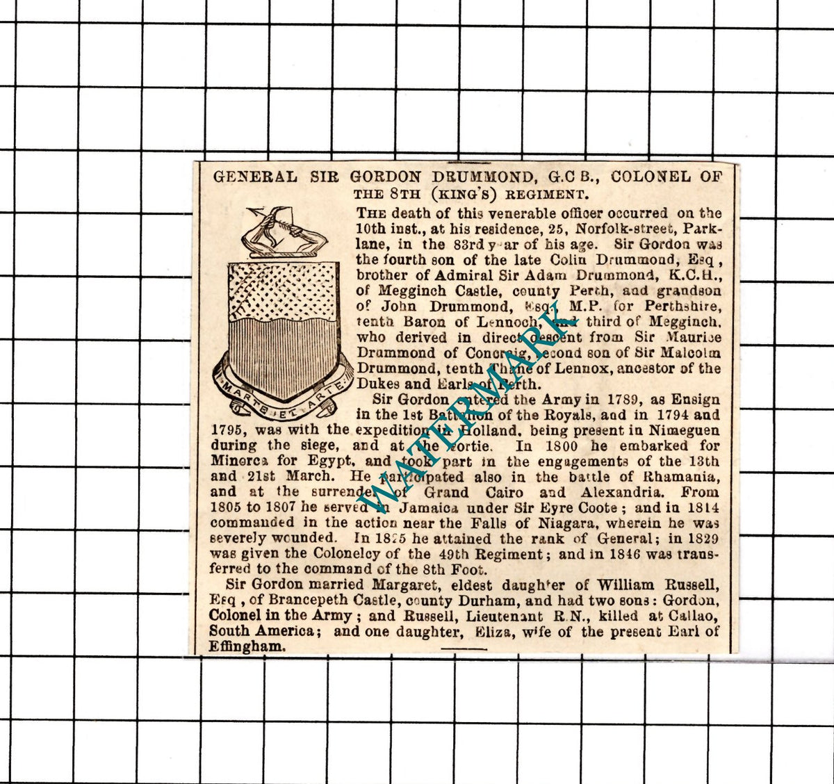 General Sir Gordon Drummond 8th King's  Obituary  -  1854 SMALL Clipping / Print