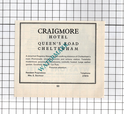 Wyastone Hotel Cheltenham Miklasz / Craigmore Hotel Cheltenham -  c.1970s Advert