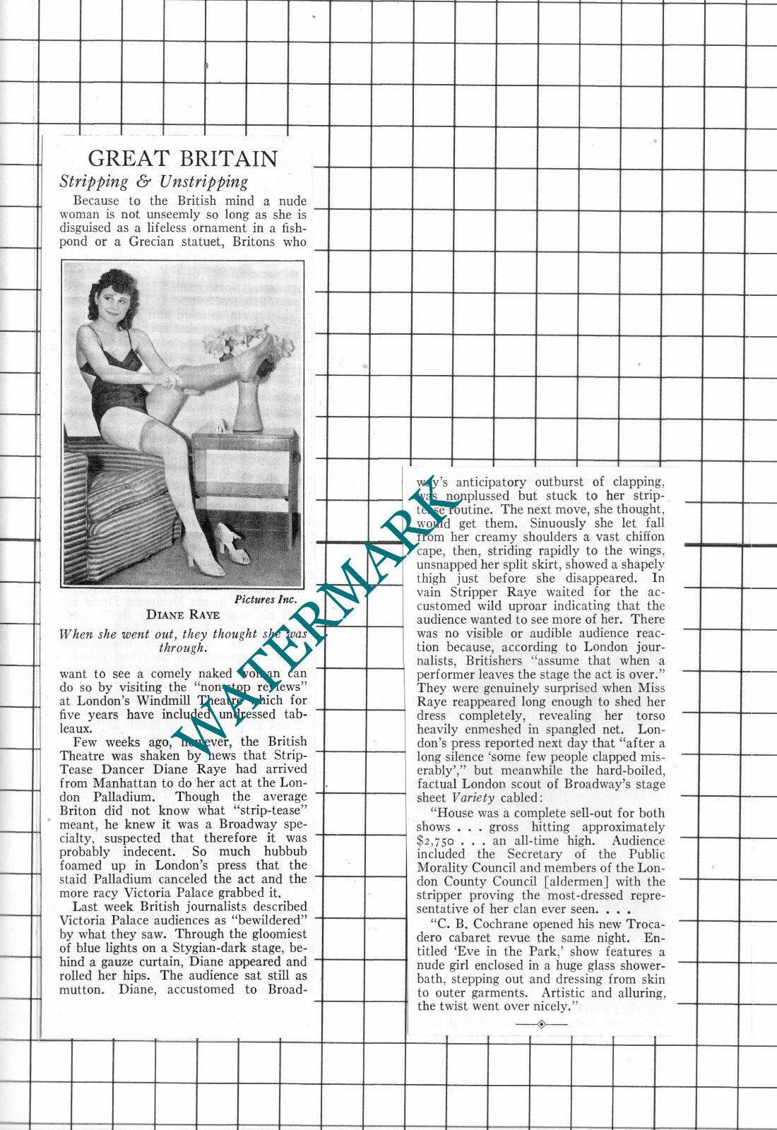 Diane Raye Strip Tease Dancer Victoria Palace London - 1937 2-Part Clipping