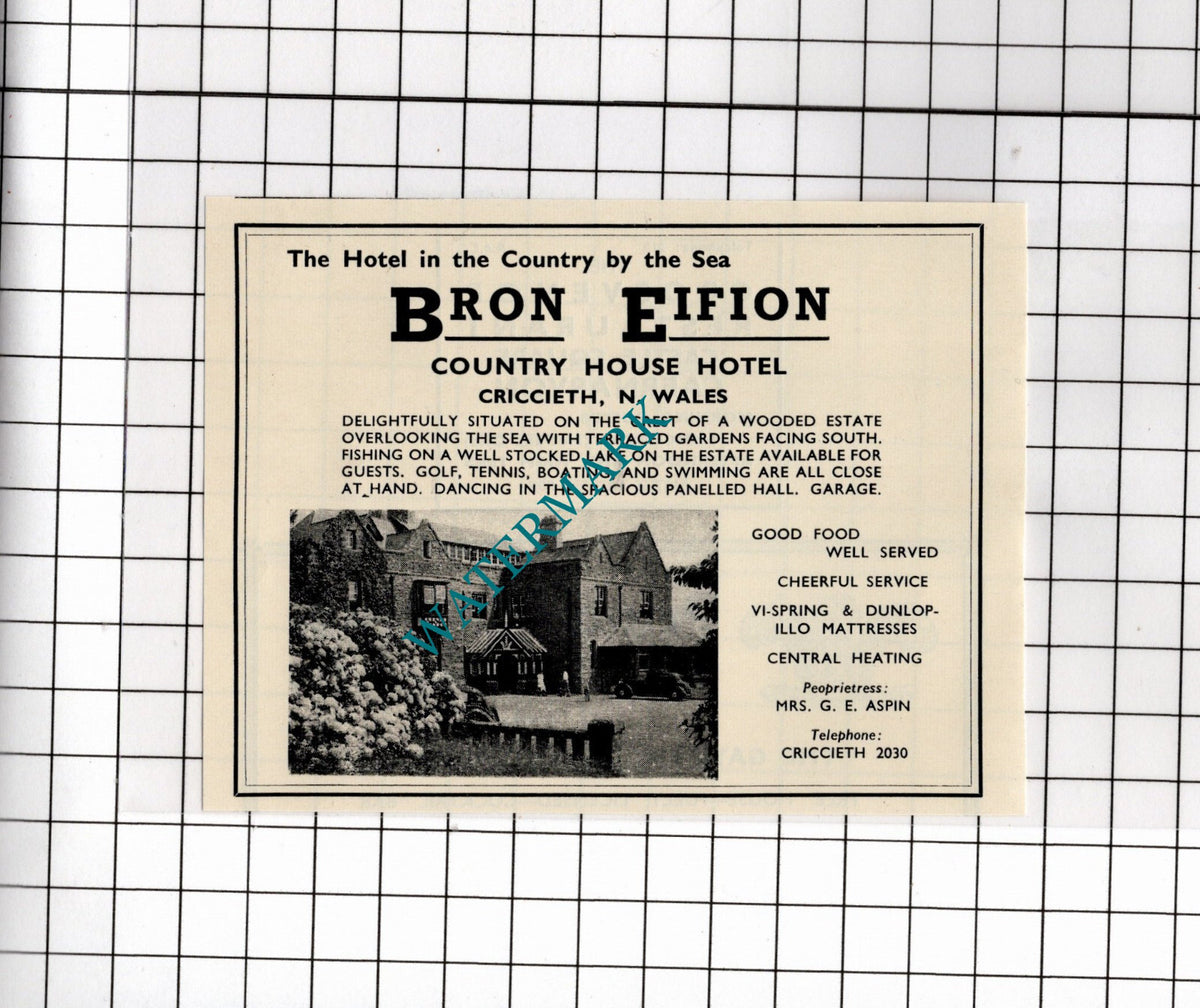 Bron Eifion Hotel Criccieth Wales Mrs GE Aspin Small Advert  - 1953 Clipping