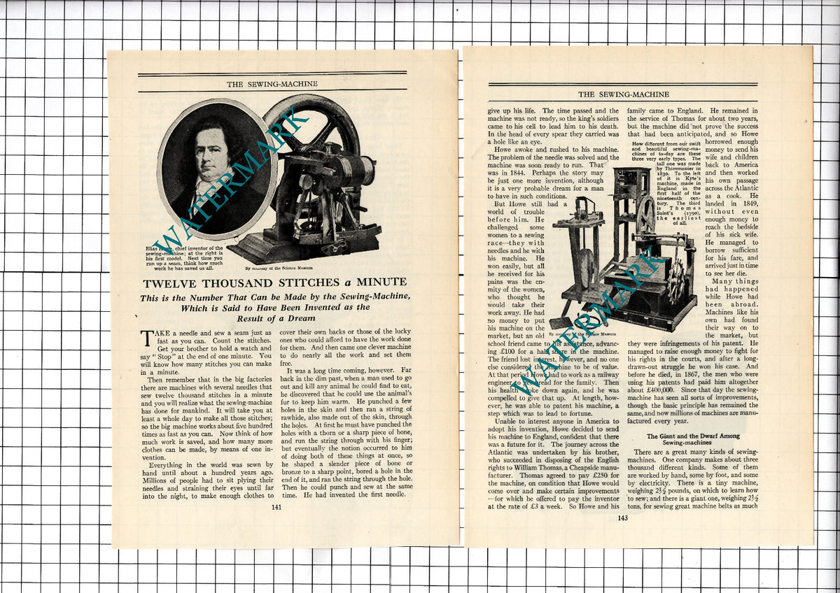Elias Howe Sewing Machine Inventor  - c.1940's Article