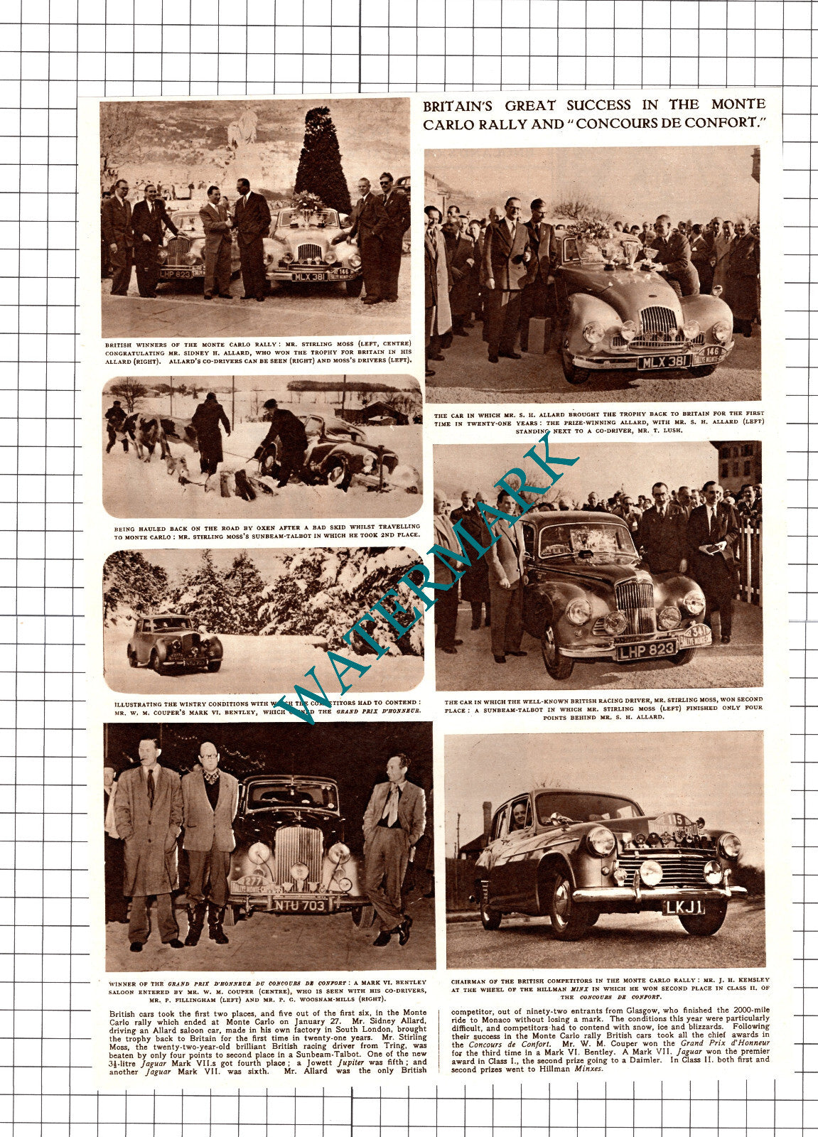 Monte Carlo Rally Sidney Allard Stirling Moss Couper - 1952 Cutting / Print