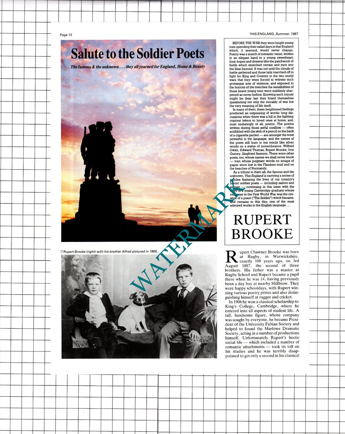 Rupert Brooke Soldier Poet - 1987 Article