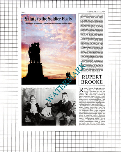 Rupert Brooke Soldier Poet - 1987 Article