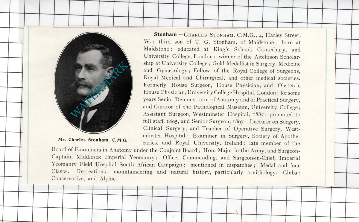 Charles Stonham Maidstone Kent  Surgeon  -   c.1910 Cutting