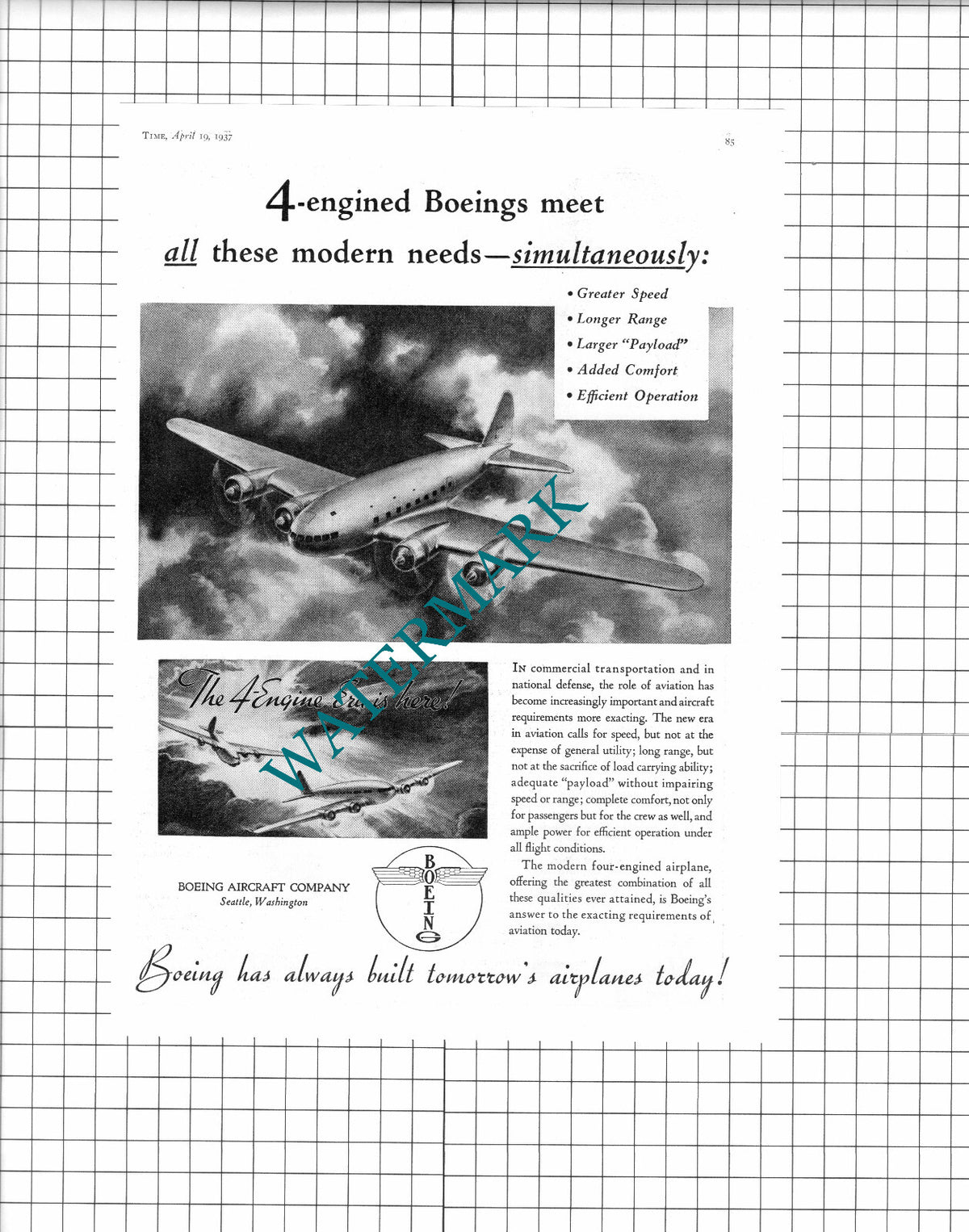Boeing Aircraft Company Seattle Washington USA  - 1937 Advert