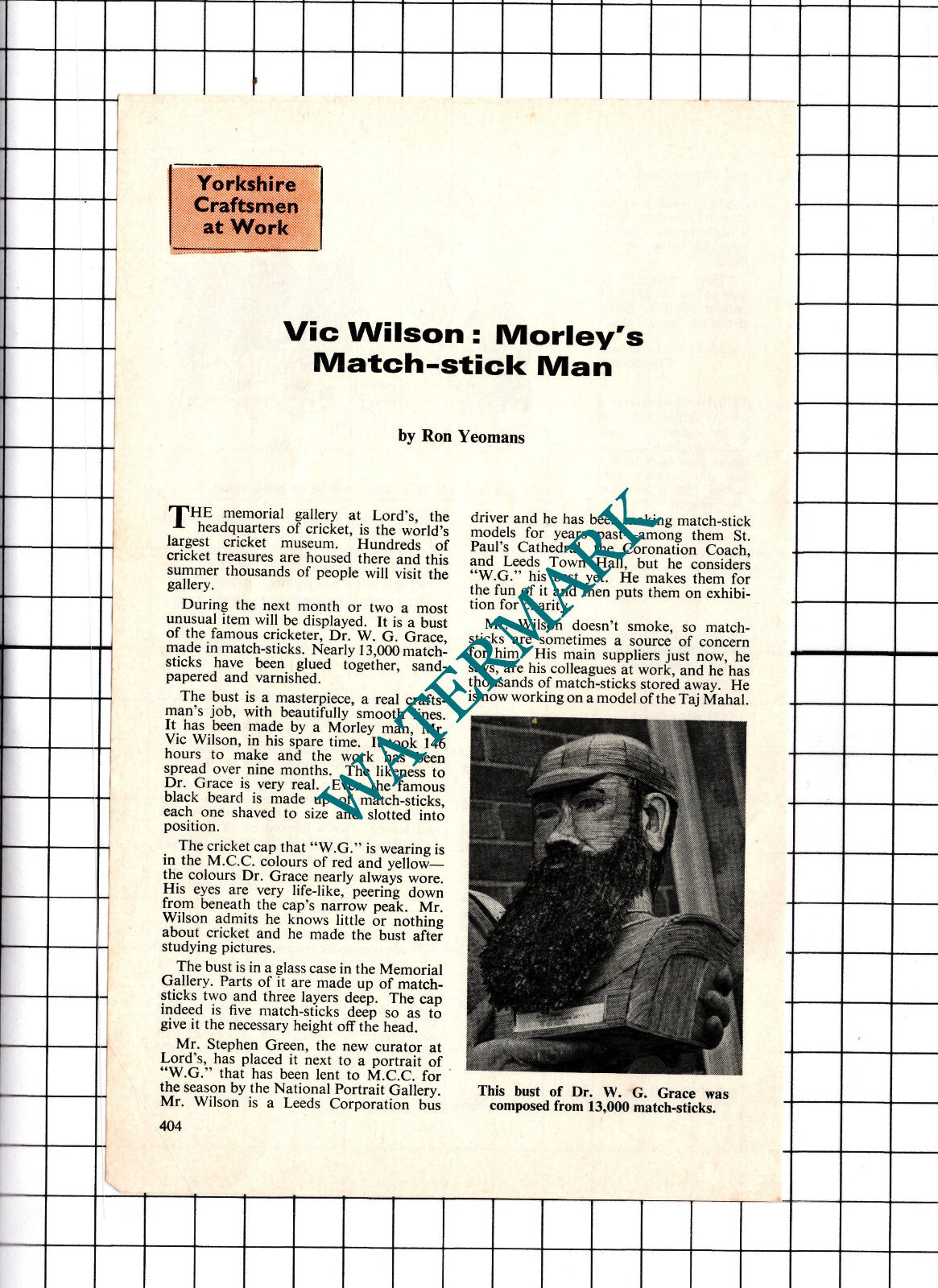 Mr Vic Wilson Morley Yorkshire  Dr W G Grace  - 1969 Clipping / Article