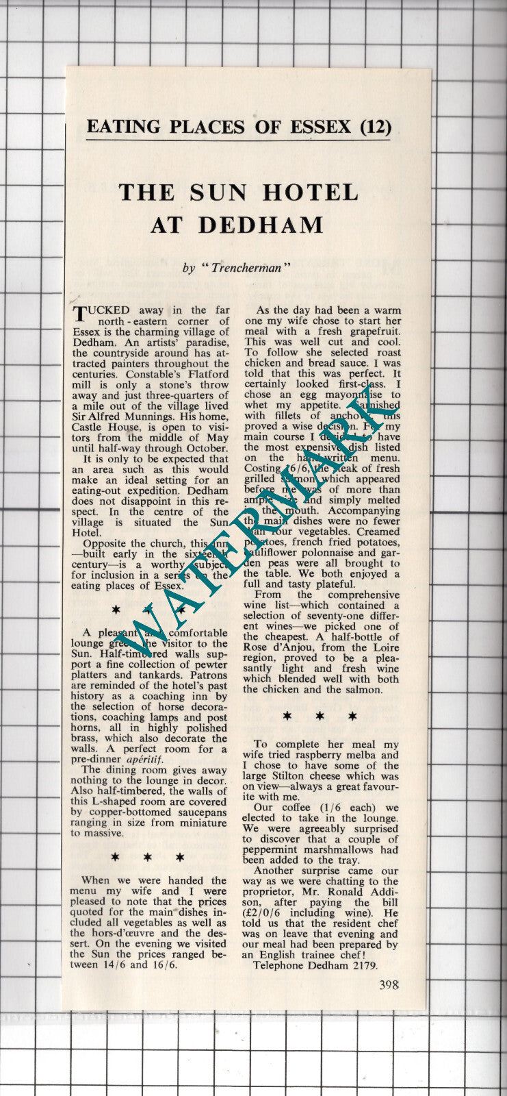 The Sun Hotel Dedham Essex Mr Ronald Addison - 1964  Cutting