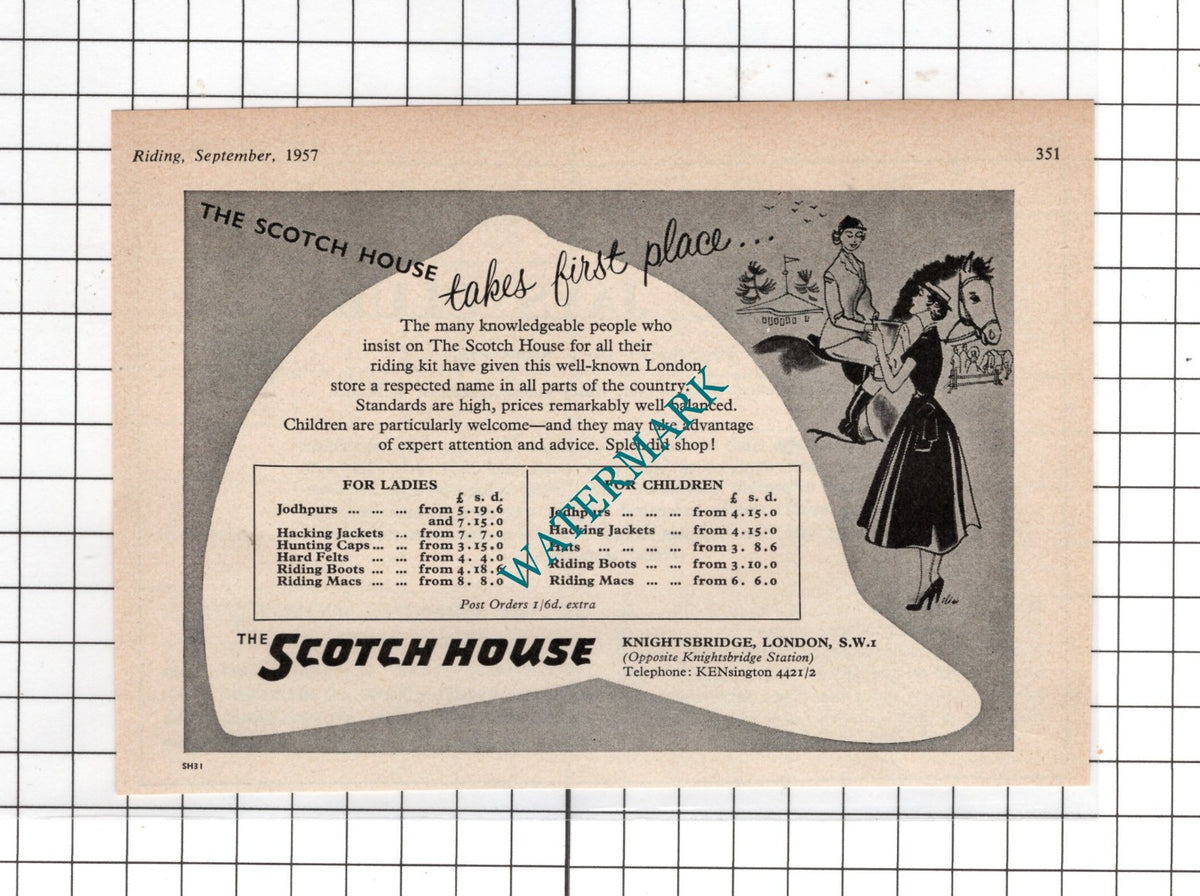 Three Jays Club Pat Smythe  / The Scotch House Knightsbridge London- 1957 Advert