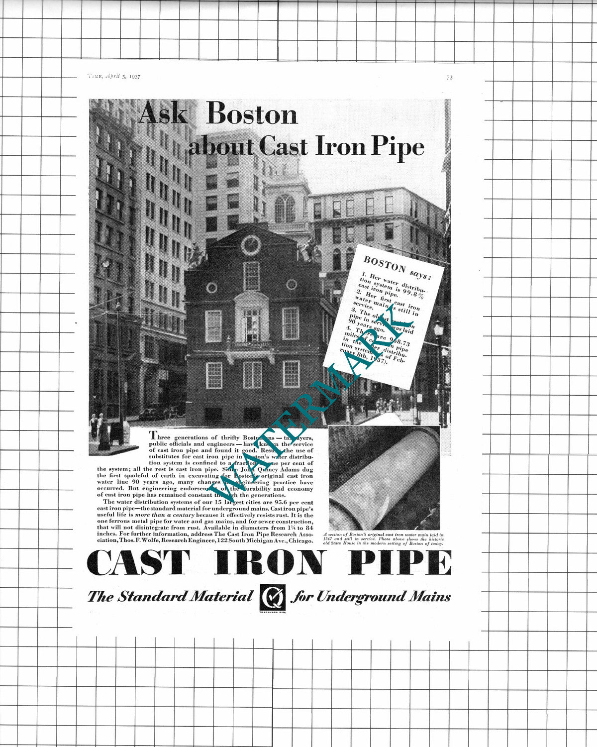 Boston Massachusetts The Cast Iron Pipe Research Assc  ADVERT - 1937 Clipping