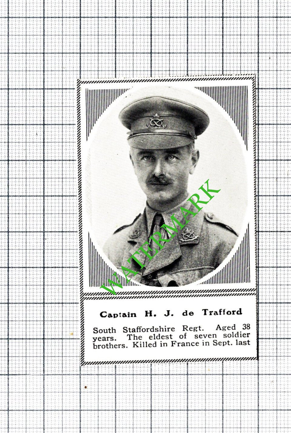 Captain H J de Trafford South Staffordshire Reg WW1   - c.1918 SMALL Cutting