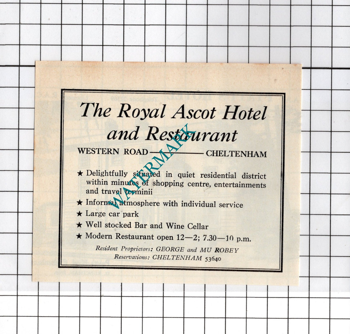 Pyatts Hotel Cheltenham Runciman / Royal Ascot Hotel  Robey-  c.1970s Advert