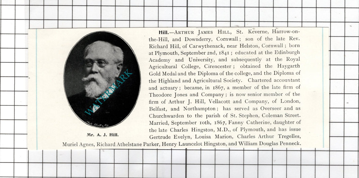 Mr Arthur James Hill St Keverne Harrow-on-the-Hill Downderry - c.1905 Clipping