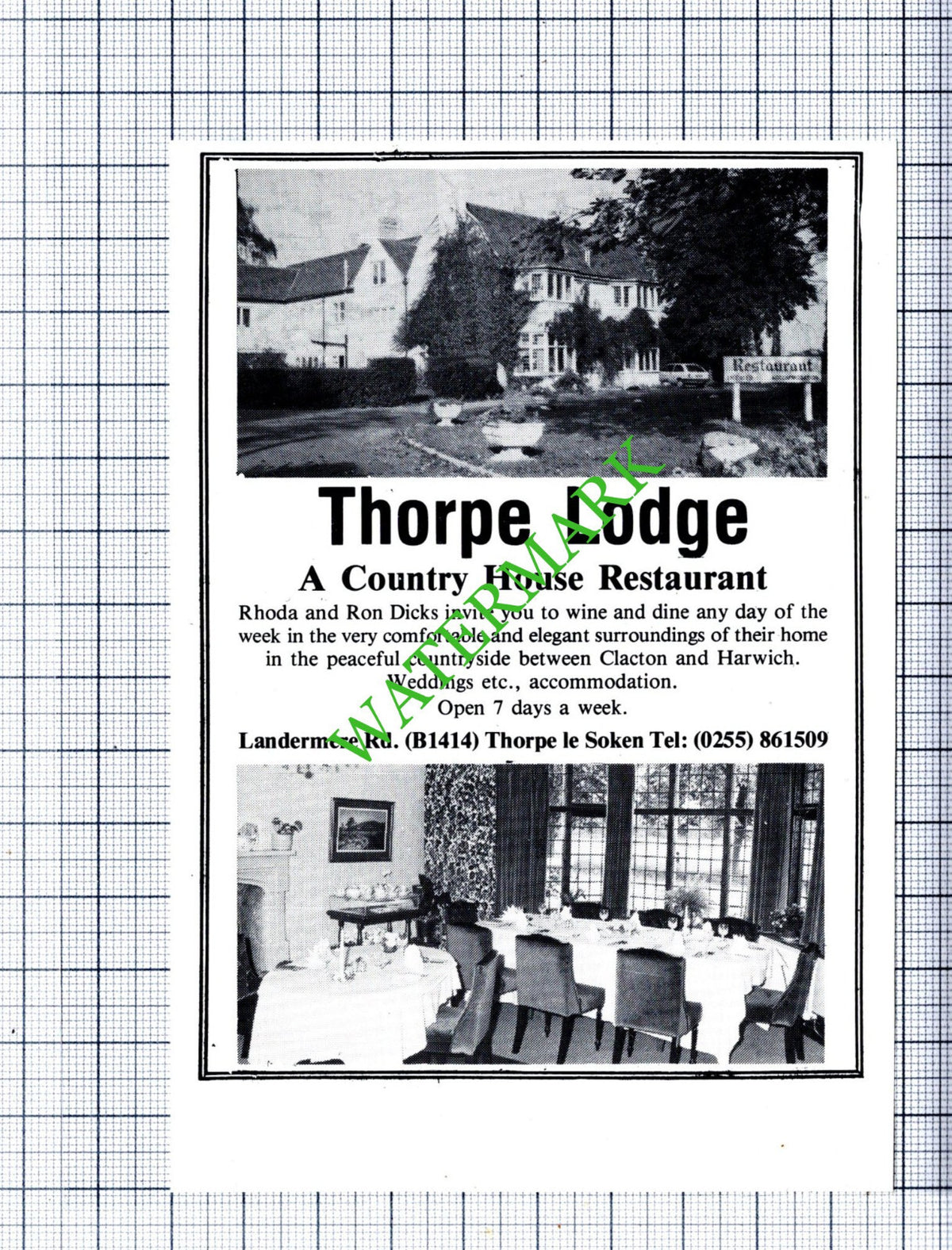Thorpe Lodge Restaurant Thorpe Le Soken Essex  Ron Dicks  Advert - 1986 Cutting