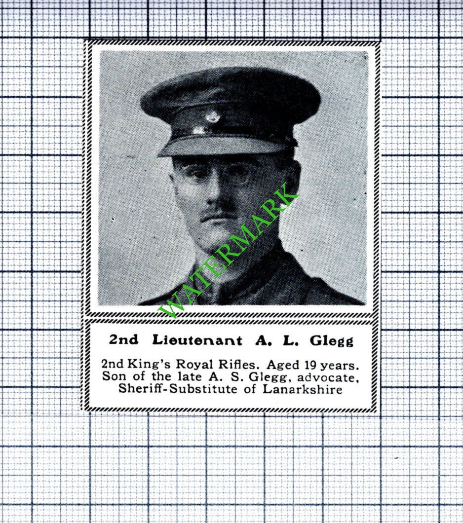 2nd Lt A L Glegg 2nd King's Royal Rifles  - c.1918 SMALL Cutting