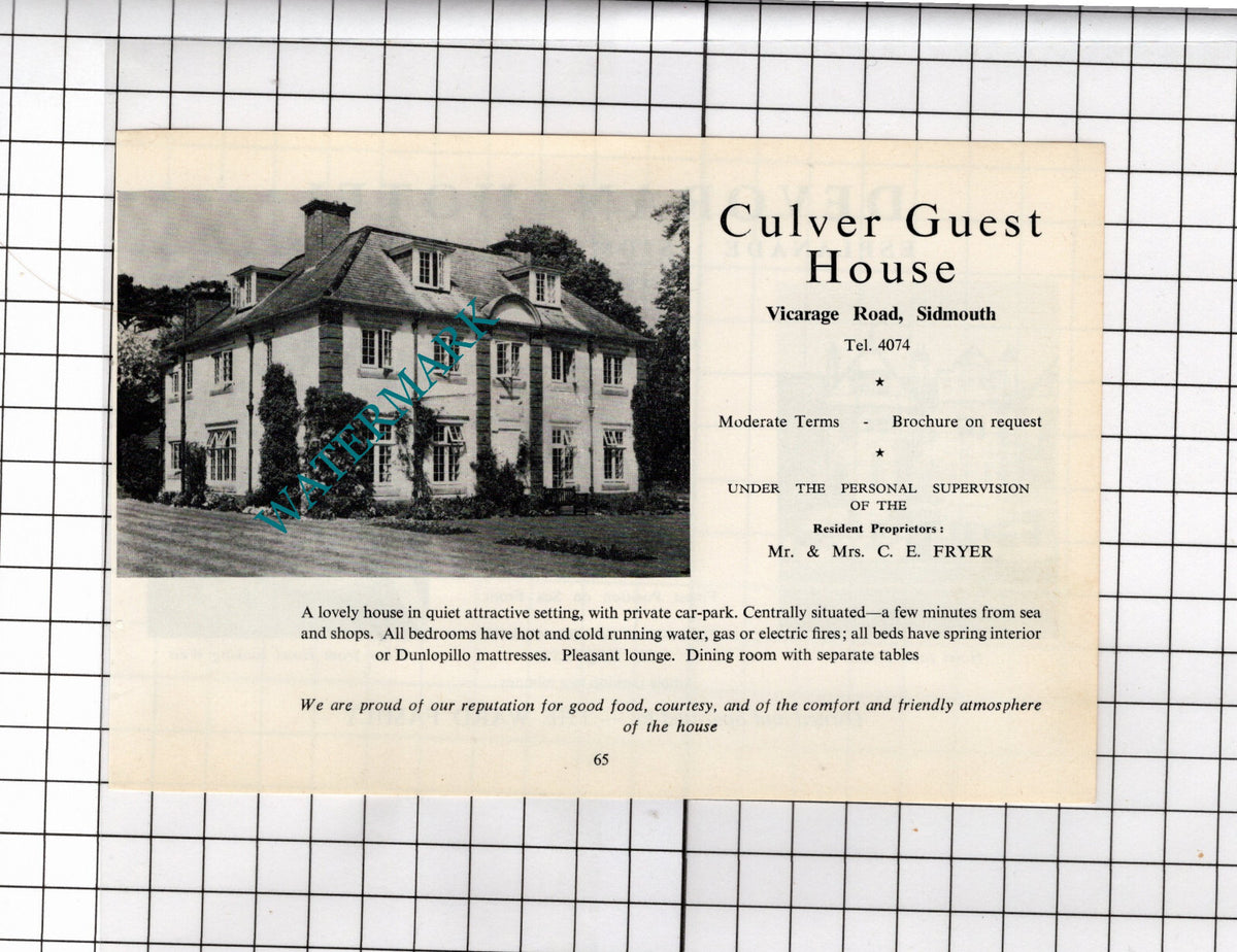 Culver Guest House Sidmouth Devon Fryer  / Devoran Hotel Ward - 1968 ADVERT