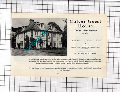 Culver Guest House Sidmouth Devon Fryer  / Devoran Hotel Ward - 1968 ADVERT