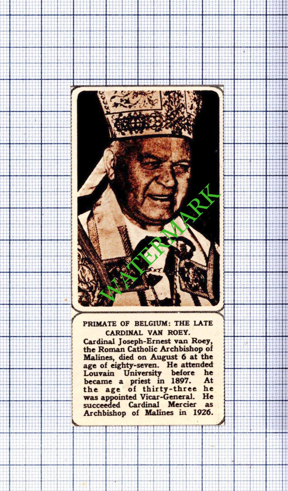 Cardinal Joseph -Ernest van Roey Obituary -  1961 Small Cutting