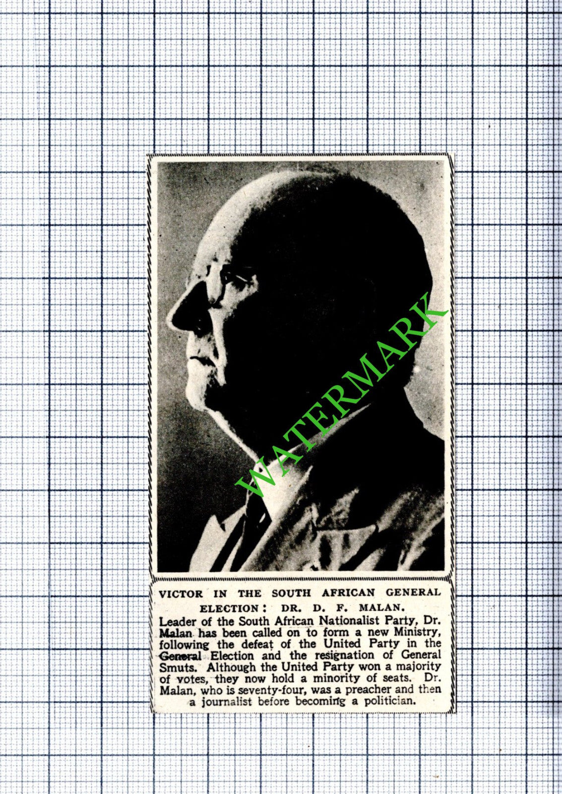 Dr D F Malan South African Nationalist Party  -  1948  Cutting