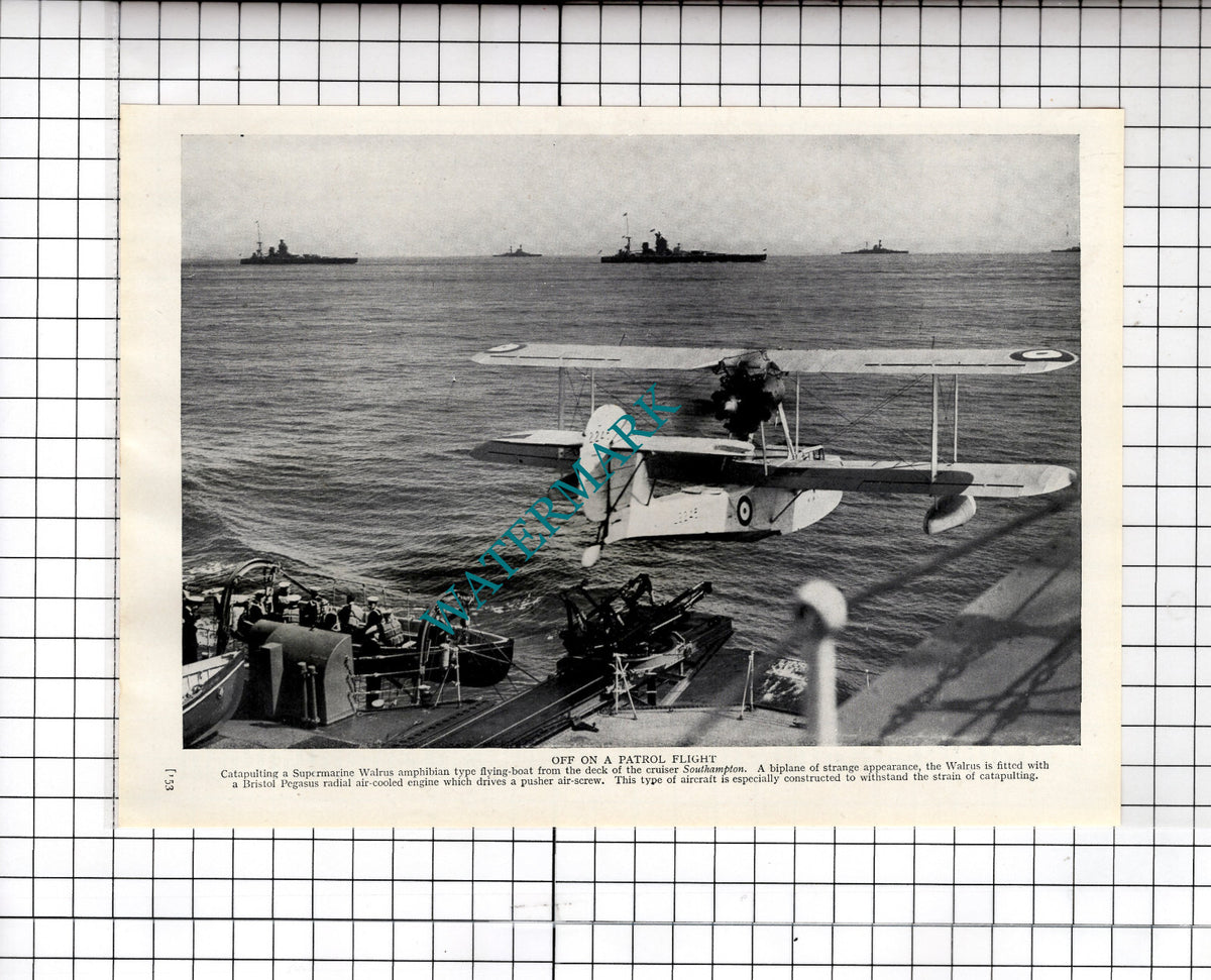 Cruiser Ship SOUTHAMPTON Supermarine Walrus Flying Boat WW2 - c.1940's Cutting