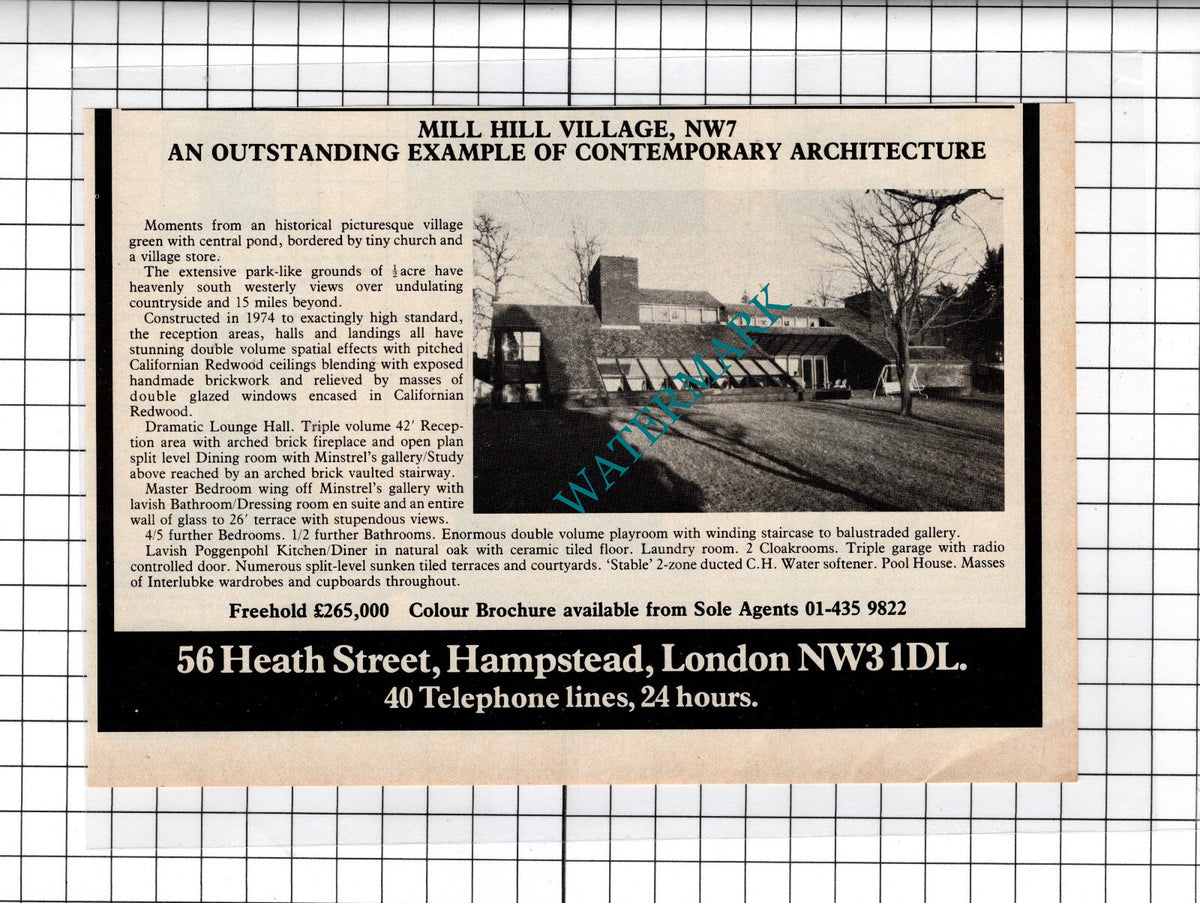 Mill Hill Village London NW7  House Sale Advert - 1980 Cutting