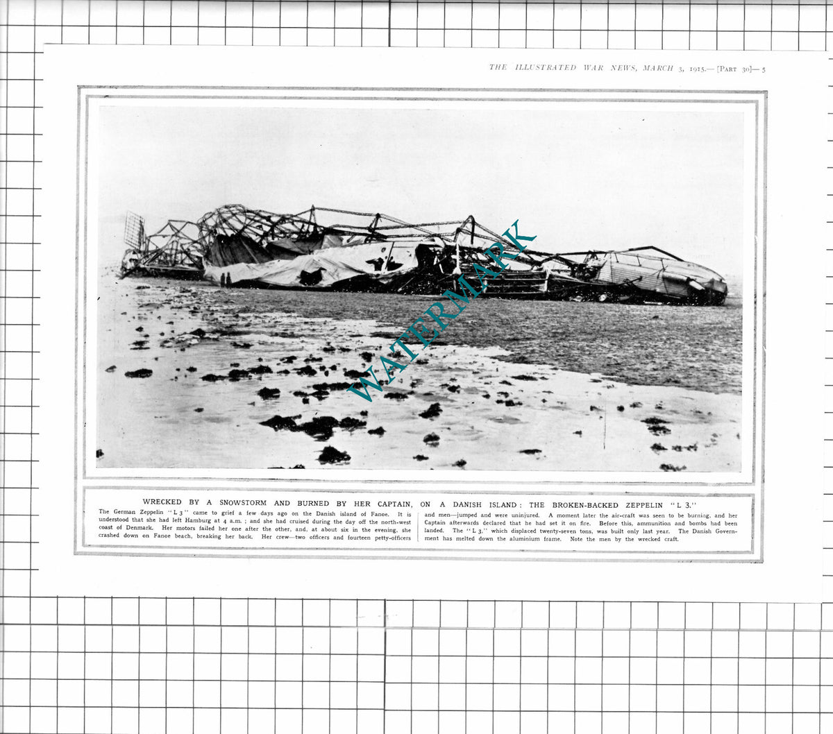 Zeppelin L3  Fanoe Island WW1 -1915 Clipping / Print