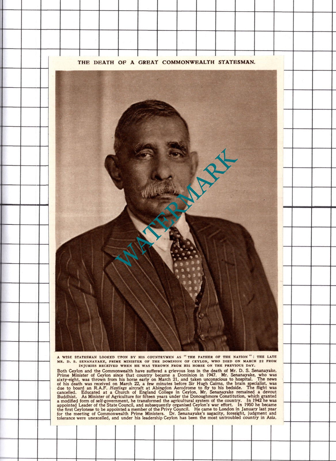Mr D S Senanayake Prime Minister of Ceylon Obituary  - 1952  Cutting
