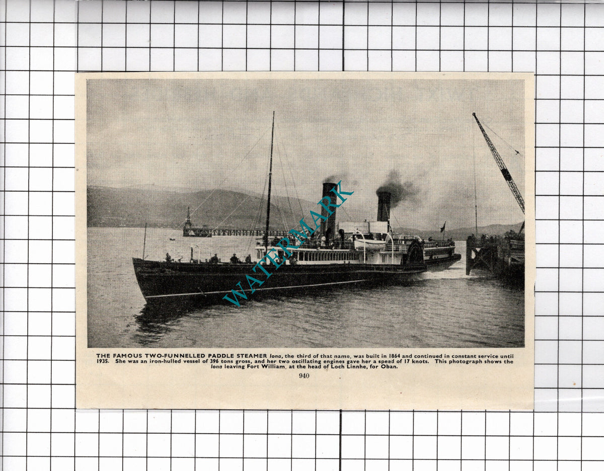 IONA Paddle Steamer Ship Fort William - c.1940's Small Clipping